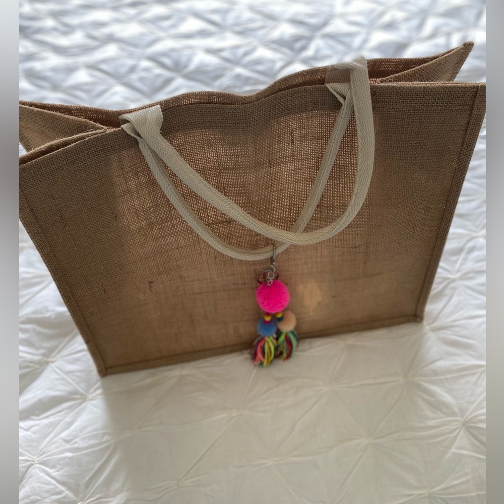 Beach Bag - Folds for Travel woven tan design thick handles large shoulder bag